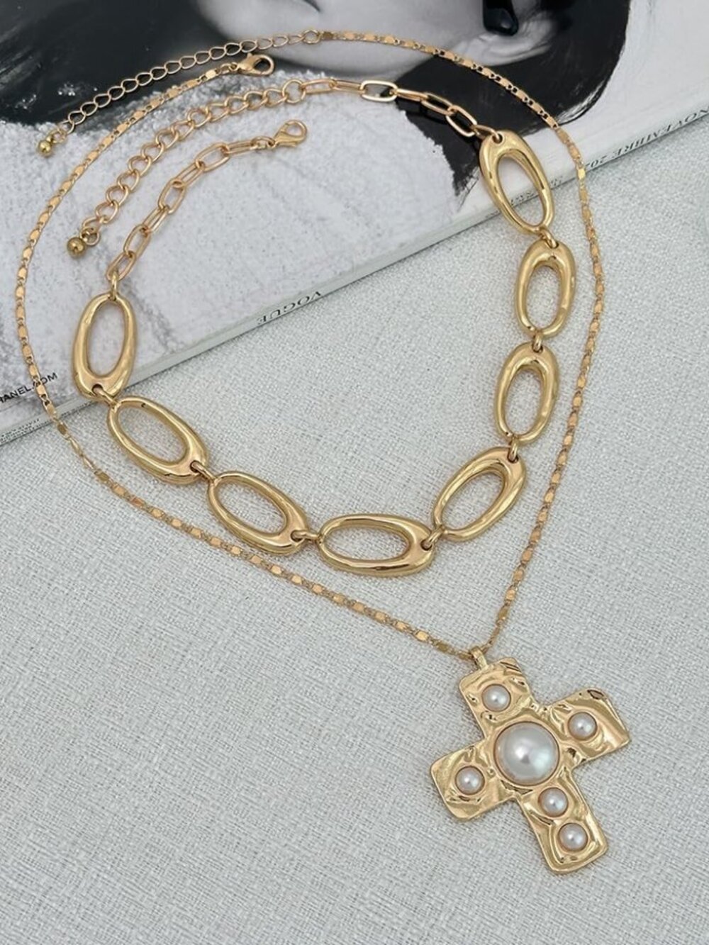 Gold Chunky Cross Necklace for Women Statement Pearl Cross Pendant Necklace Chun - Picture 7 of 7